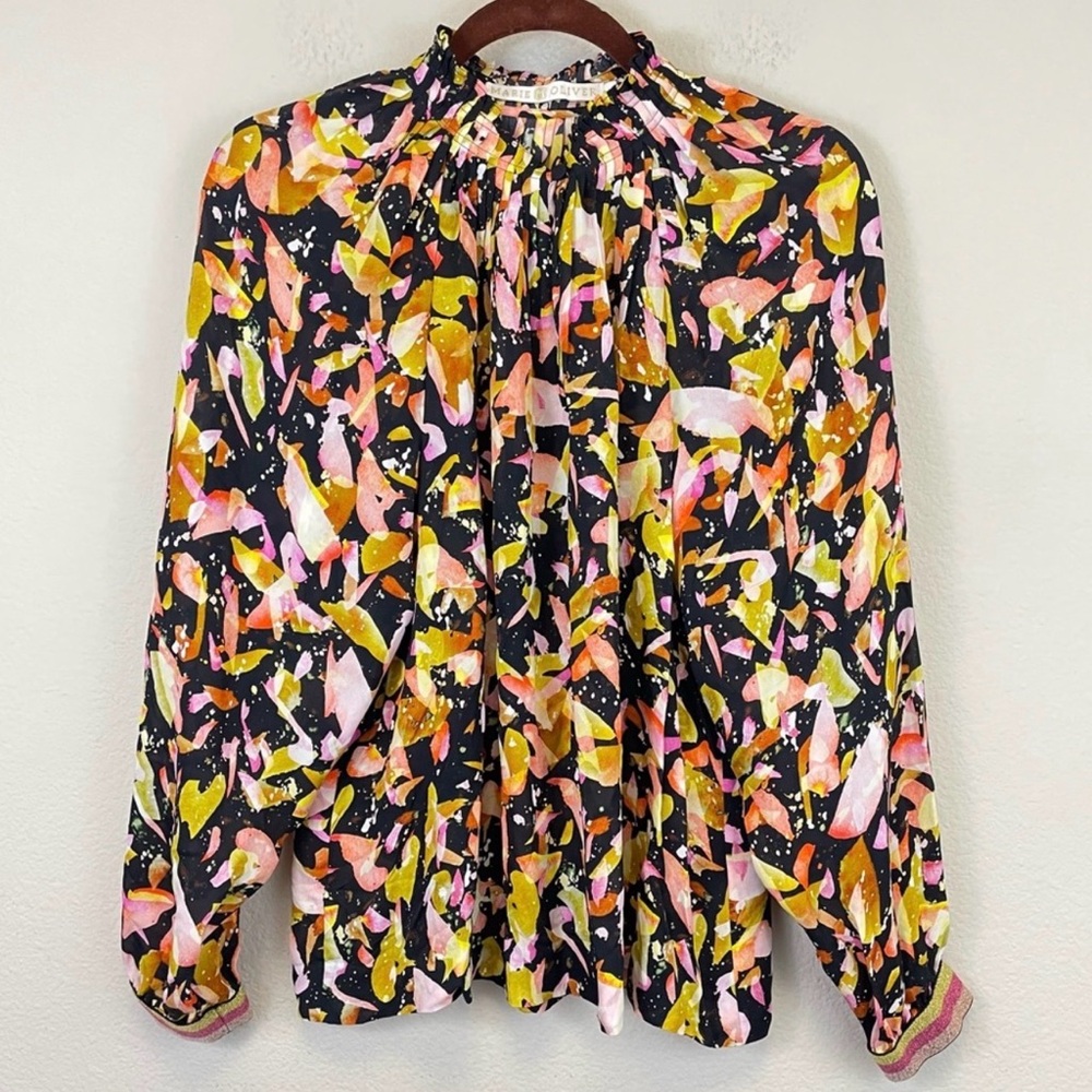 Marie Oliver Silk Printed Arden Pleated Mock Neck Balloon Sleeve Blouse Size M